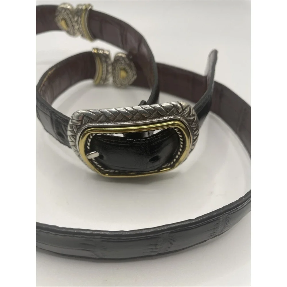 Brighton Belt Women Large Reversible Black Brown Croc Leather Silver Gold 40210